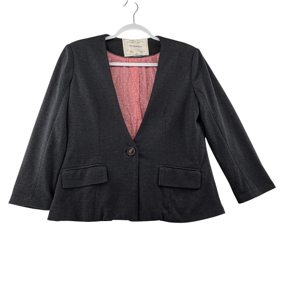 Anthropologie Cartonnier Blazer Women Medium‎ Gray Collarless One Button Jacket